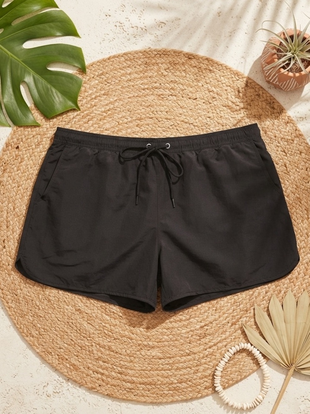 KONA SOL Black Drawstring Swim Cover-Up Shorts | Dolphin Hem